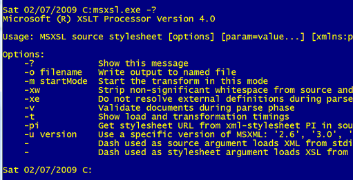 MSXSL.EXE command line options