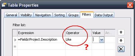 Table property dialog, adding a "Like" filter