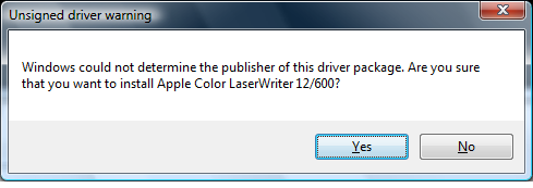 Uh-oh. User's not going to have a clue when they see this dialog confirming installation of Apple Color LaserWriter, a printer they don't have.